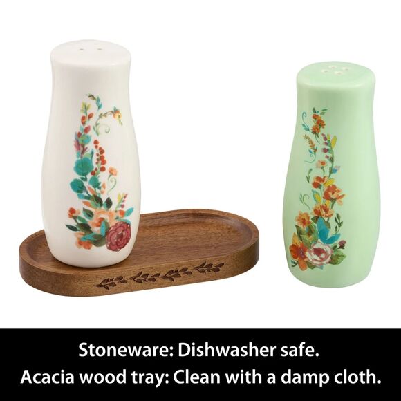 Pioneer Woman Painted Meadow Salt Pepper Shakers Acacia Wood Tray 3-Pc Gift NEW - Picture 4 of 5